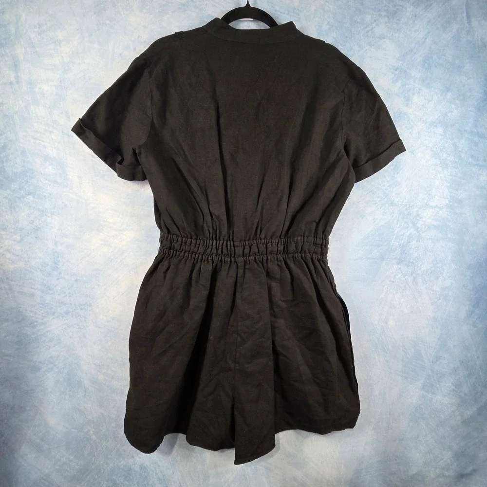 Zara Black Linen Blend Short Sleeve Button Front Drawstring Romper‎ Womens M